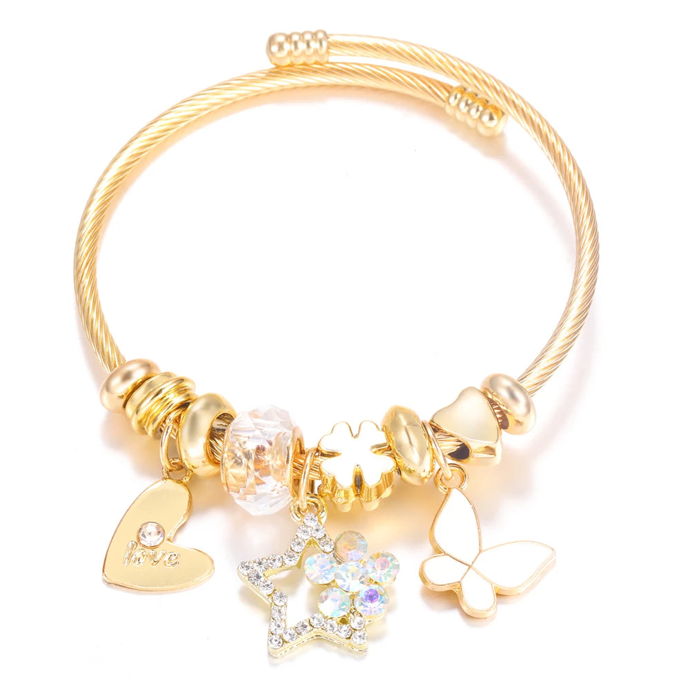 Bracelet Femme Acier Inoxydable Doré Fleurs Strass 4 Couleurs | MDN Store