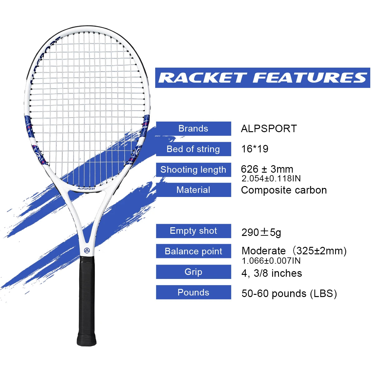 Raquette de Tennis Professionnelle ALPSPORT T800 — Fibre de Carbone 100%, Ultra-Légère 280g, Sangle Antidérapante | MDN Store 25