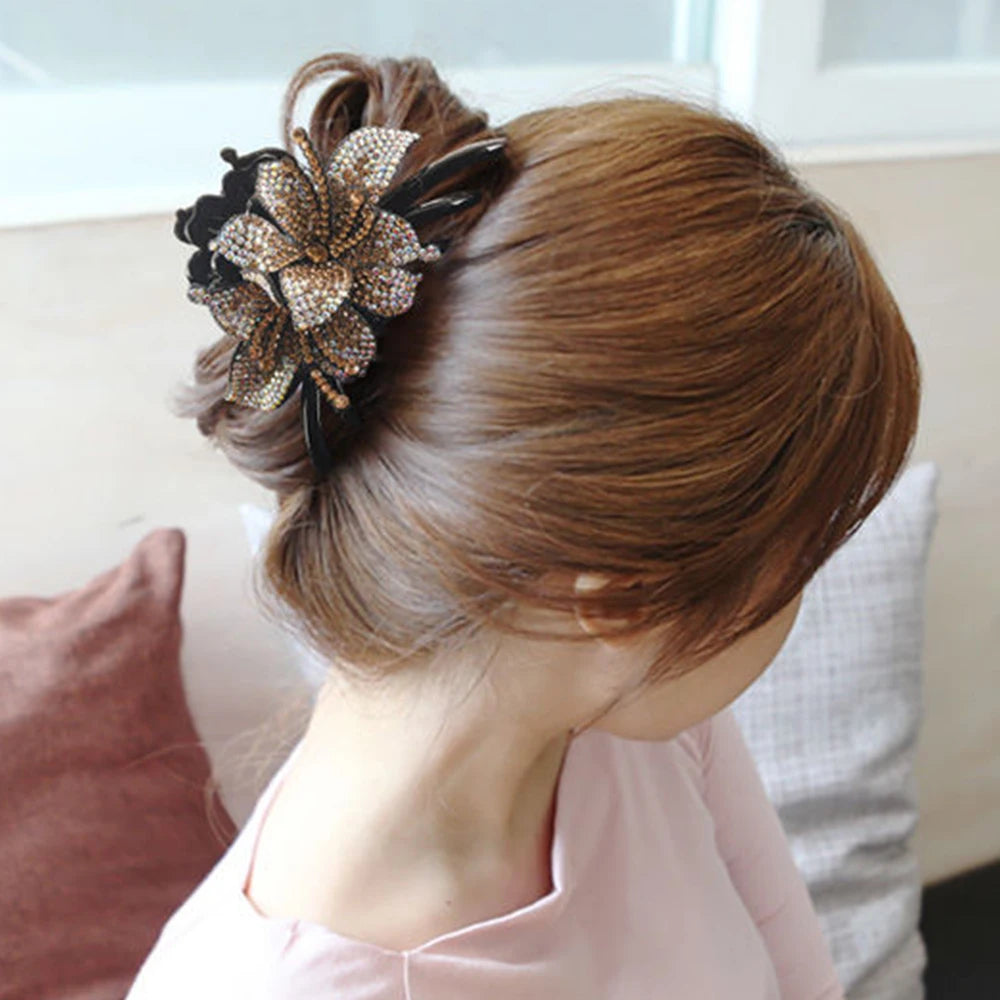 Pince Cheveux Double Fleur Strass Luxe - Barrette Crabe Élégante | MDN Store
