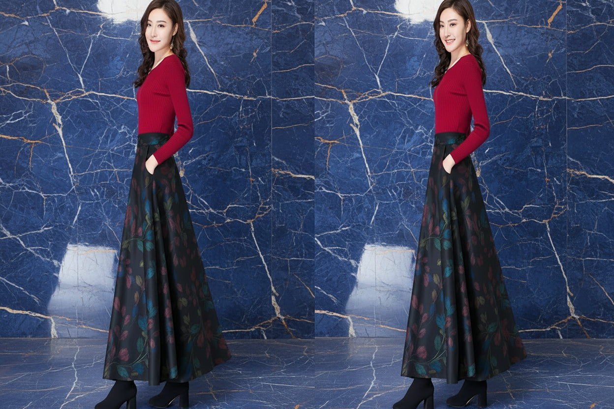 Jupe Midi Femme Laine Imprimée Taille Haute - Automne Hiver A-line | MDN Store