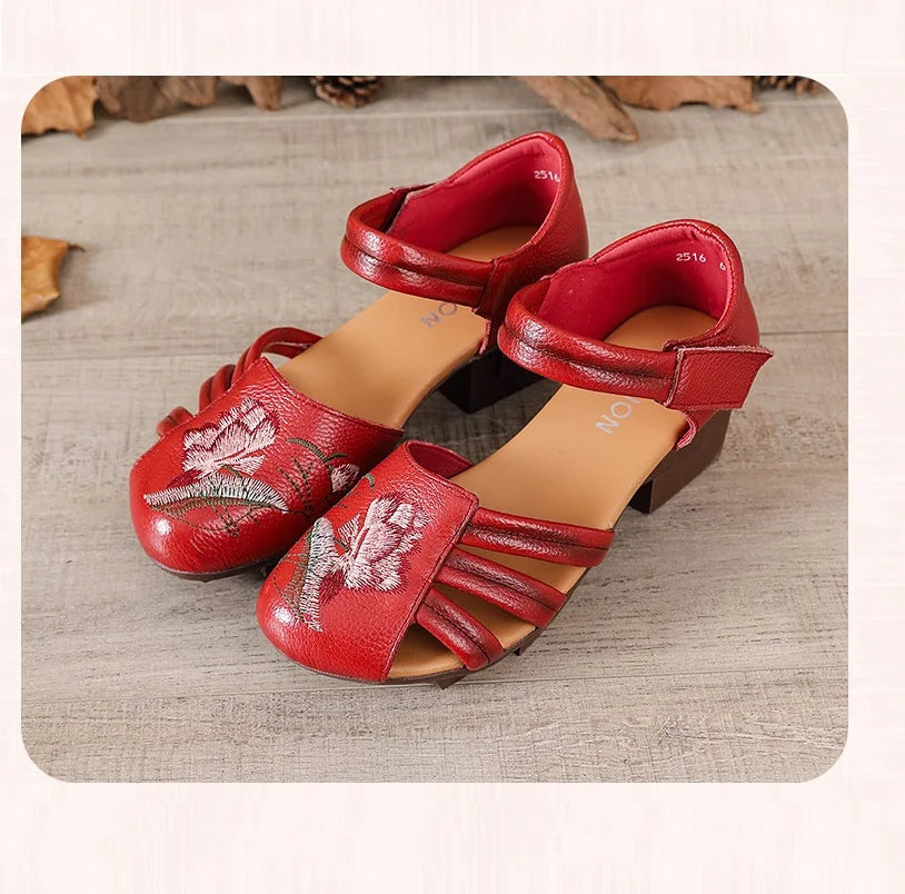 Sandales Talons Carrés Cuir Brodées Lorilury | MDN Store