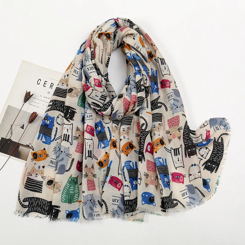 Écharpe Longue Viscose Chat Cartoon Coloré Femme | MDN Store