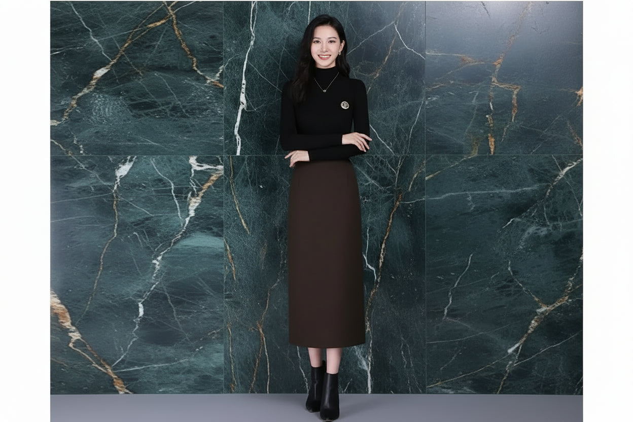 Jupe Droite Fendue en Laine Élégante Automne-Hiver | MDN Store