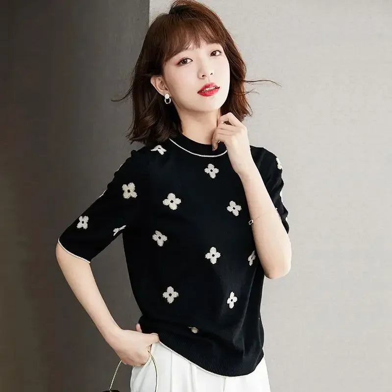 Pull Femme Brodé Fleurs Manche Courte Été Élégant - MDN