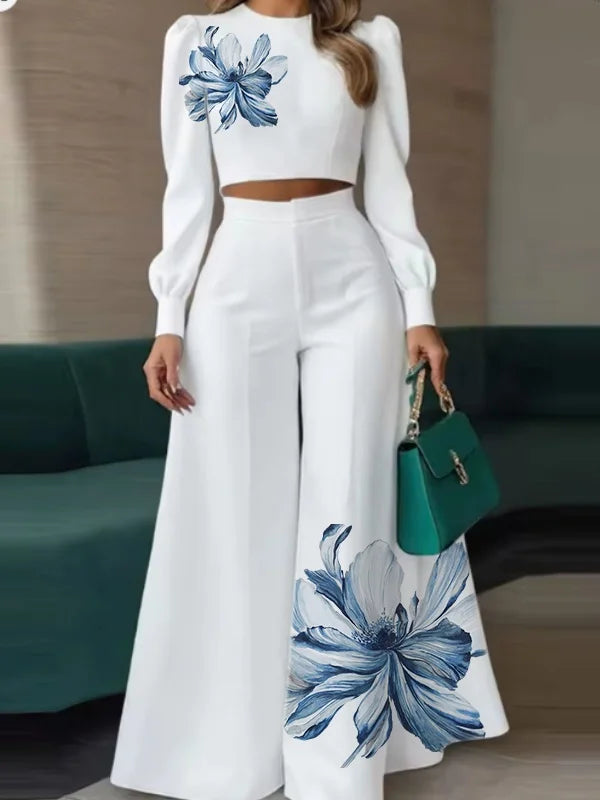 Ensemble Floral Top Manches Bouffantes Blanc | MDN