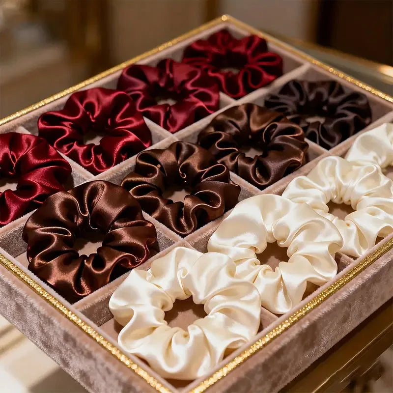 Lot de 10 Chouchous Satin Bordeaux Marron Crème Élégants pour Femme Fille | MDN Store