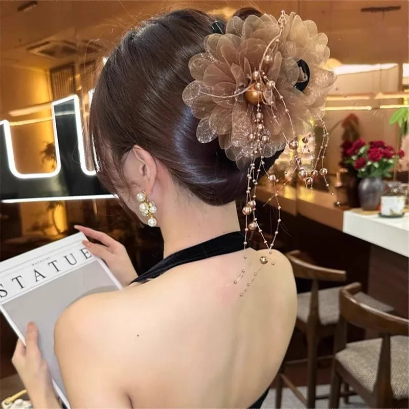 Pince Cheveux Fleur Maille Perle Pompon - Barrette Crabe Élégante | MDN Store