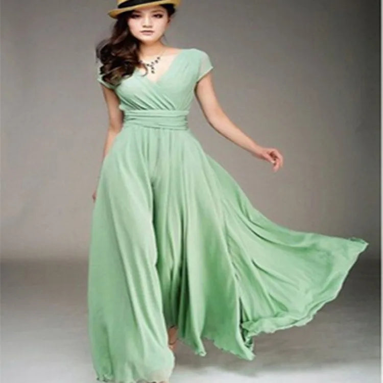 Robe Longue Femme Mousseline Vert Foncé Manches Courtes Soirée | MDN