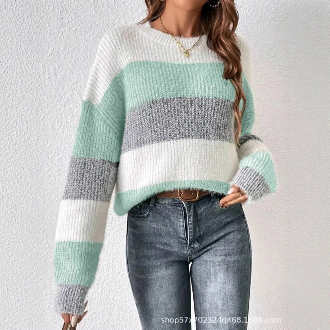 Pull Femme Raye Col Rond Ample Ajusté Tricot Epais Style Francais 2 | MDN Store