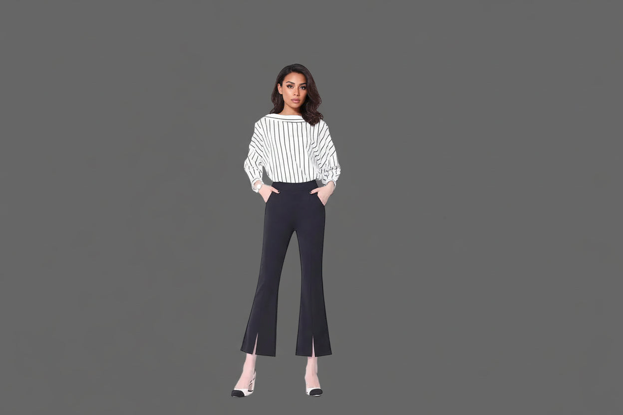 Pantalon Évasé Taille Haute Noir Dentelle Femme Élégant | MDN Store