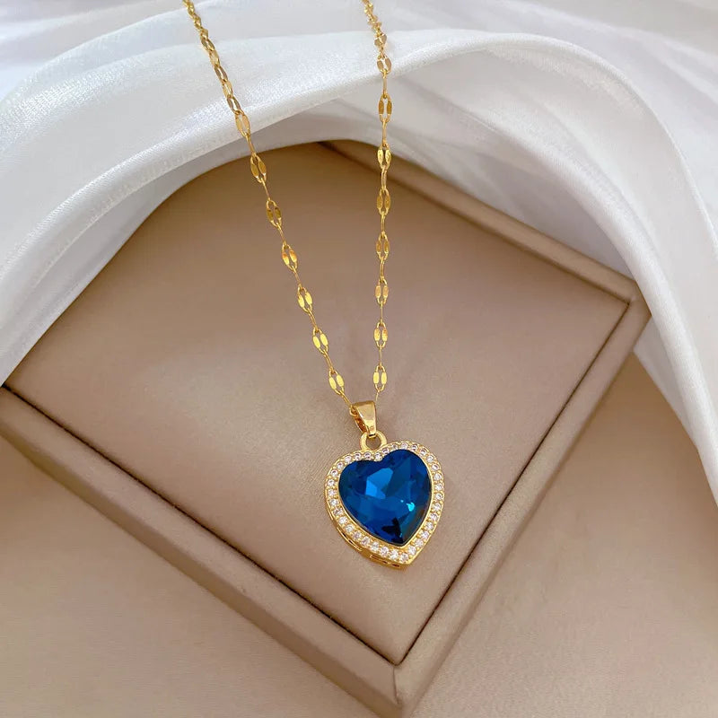 Collier Cœur Acier Inoxydable Zircon Bleu Femme | MDN