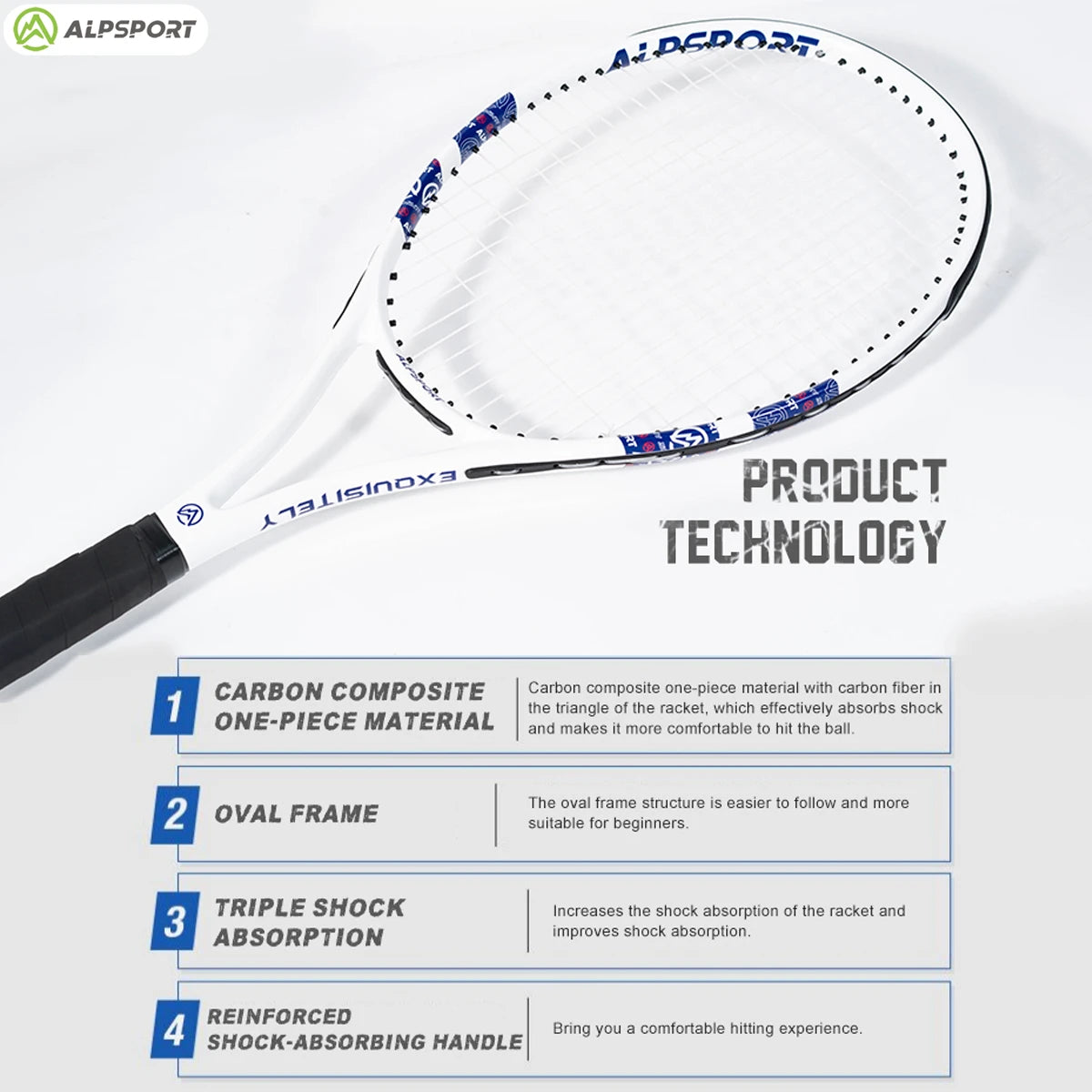 Raquette de Tennis Professionnelle ALPSPORT T800 — Fibre de Carbone 100%, Ultra-Légère 280g, Sangle Antidérapante | MDN Store 25