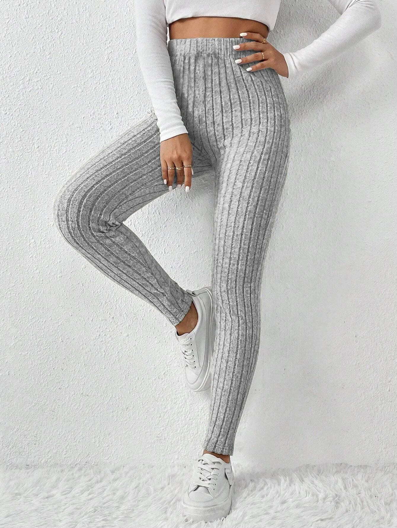 Leggings Côtelé Moulant Gris Taille Haute Femme | MDN Store