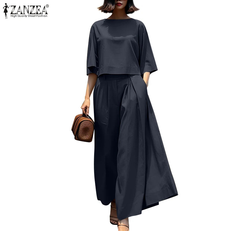 Ensemble Blouse 3/4 & Pantalon Large Paisley Bleu | MDN