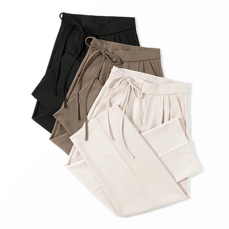 Pantalon Femme Taille Haute Lacets - Jambe Droite Costume Bureau Chic Kaki | MDN Store