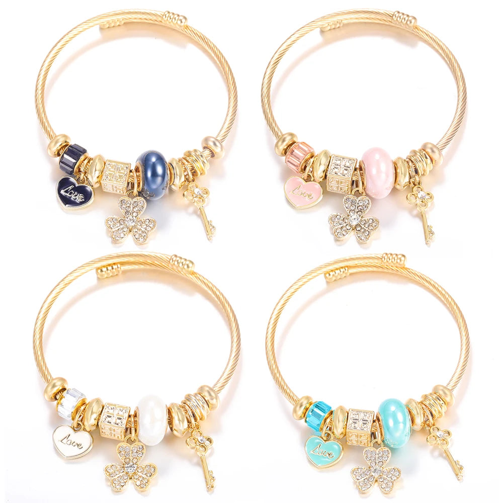 Bracelet Femme Acier Inoxydable Doré Fleurs Strass 4 Couleurs | MDN Store