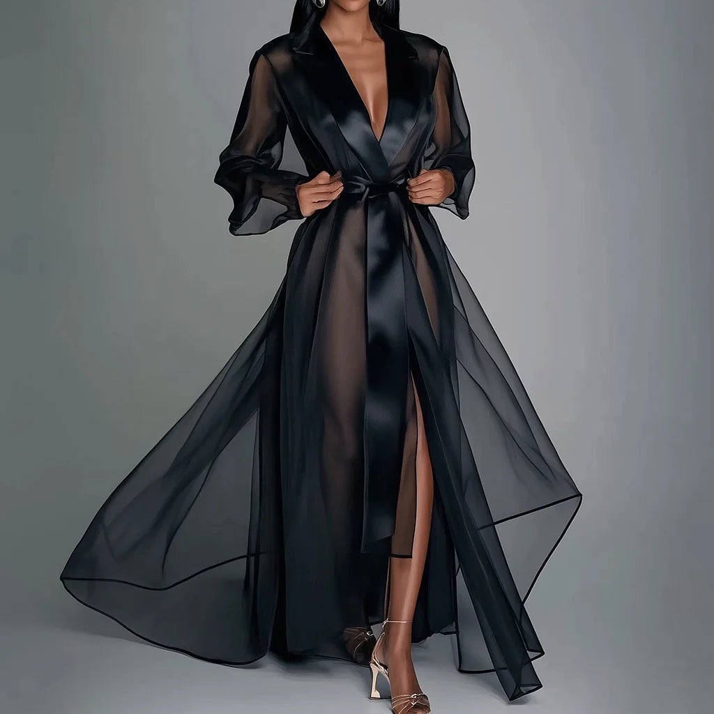 Robe Longue Organza Transparente Lacage Col Revers Soiree | MDN Store