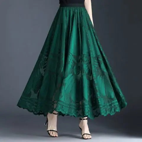 Jupe Longue Dentelle Plissée Taille Haute | MDN Store