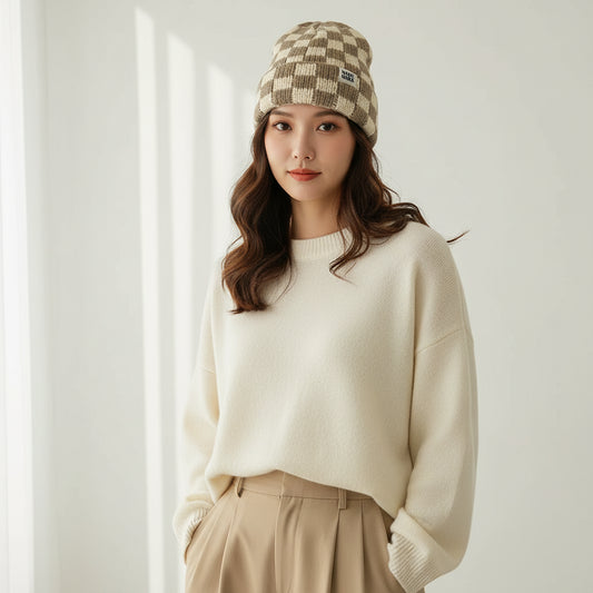 Bonnet Plaid Laine Tricotée Femme - Chaud Hiver Coupe-Vent | MDN