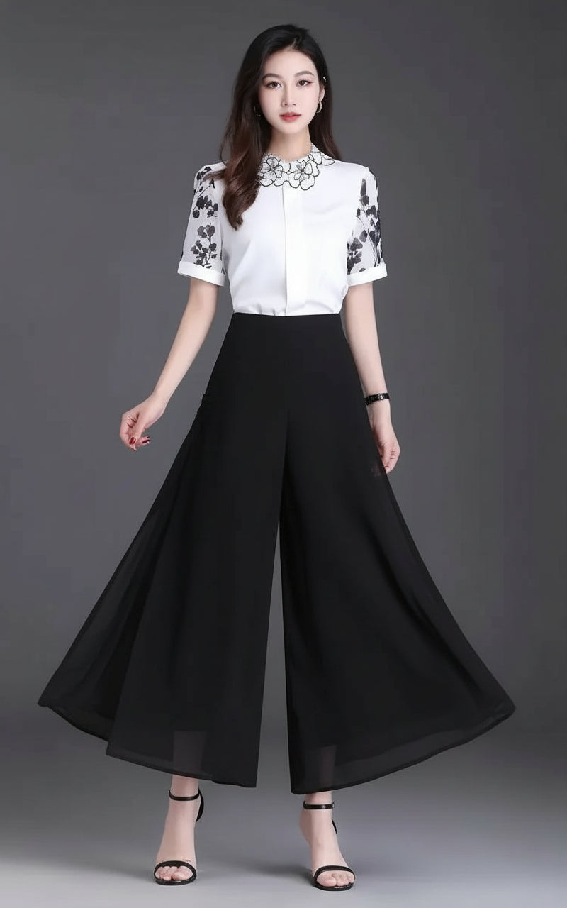 Pantalon Grande Femme Mousseline Floral Noir Jaune | MDN Store