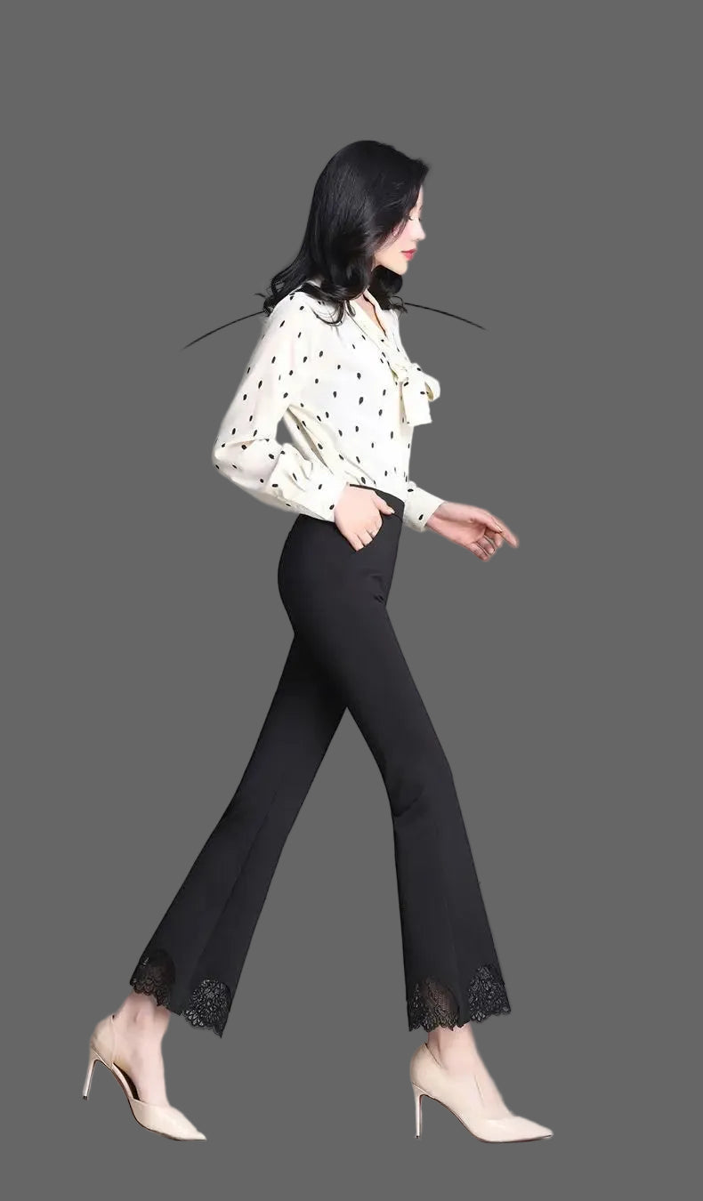 Pantalon Évasé Taille Haute Noir Dentelle Femme Élégant | MDN Store