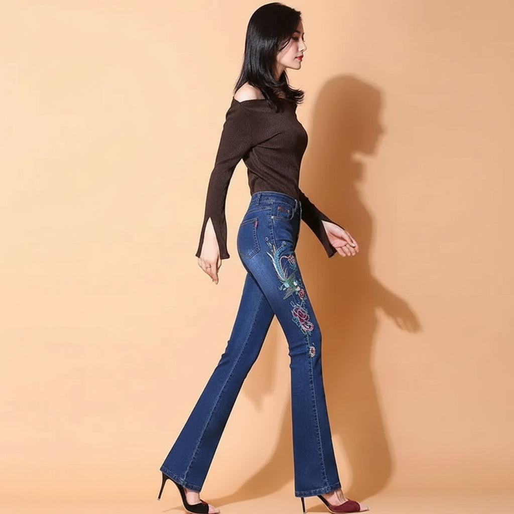 Jean Flare Femme Broderie Ethnique Bleu | MDN Store