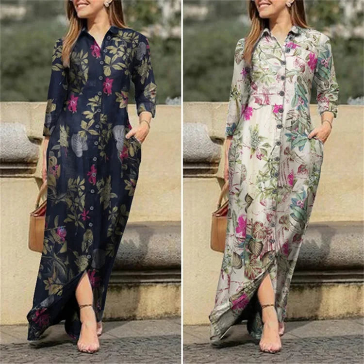 Robe Longue Imprimee Col Chemise Boutonnee Élégante | MDN Store