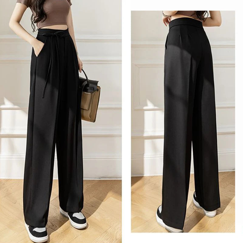 Pantalon Femme Taille Haute Lacets - Jambe Droite Costume Bureau Chic Kaki | MDN Store