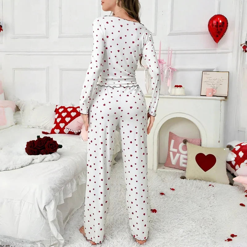Pyjama Femme Rouge Cœurs 2 Pièces Manches Longues | MDN