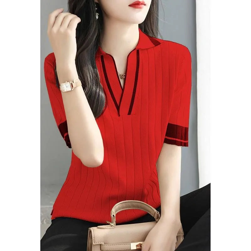 Pull Femme Polo Manche Courte Col V Tricoté Été Coréen - MDN