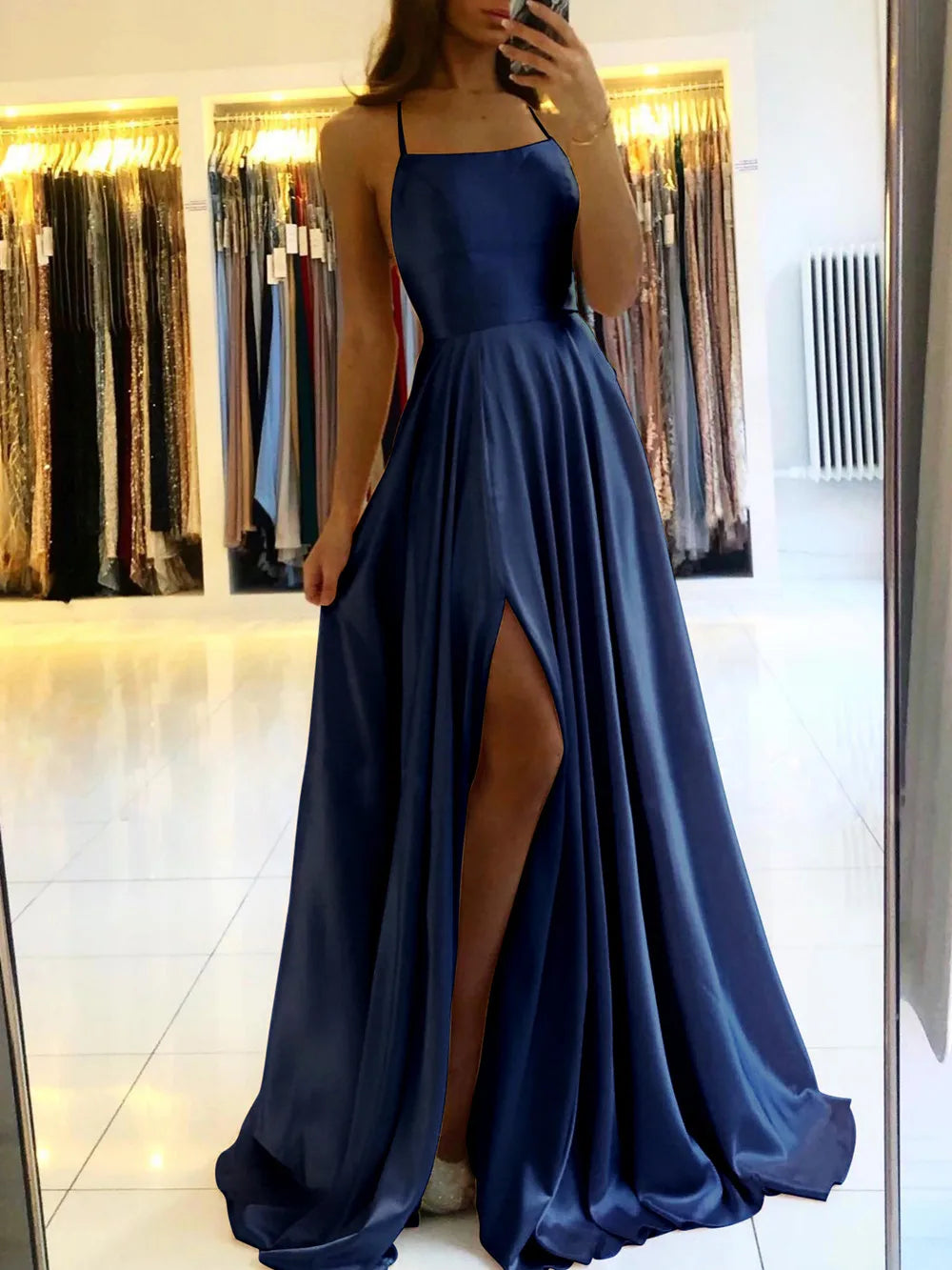 Robe Longue Satinee Col Benitier Bretelles Nouees Fente Haute | MDN Store