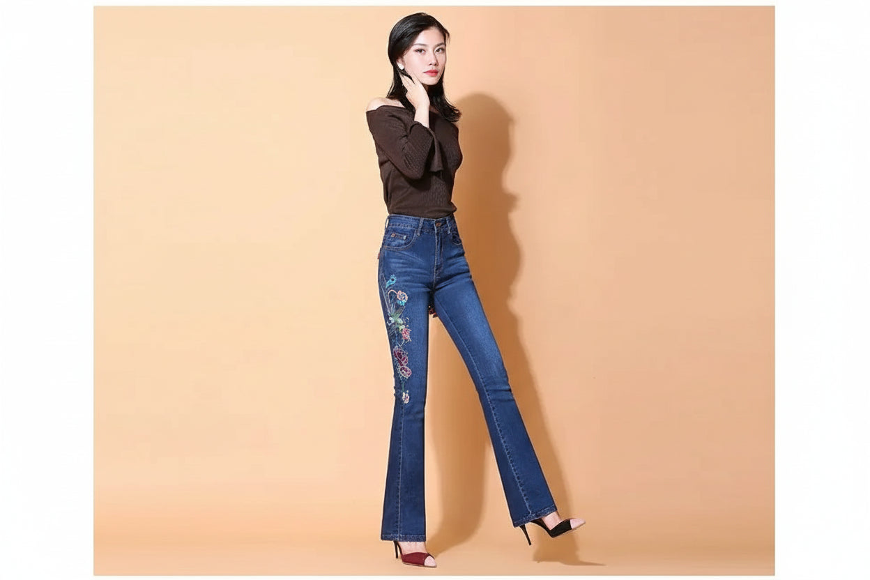 Jean Flare Femme Broderie Ethnique Bleu | MDN Store