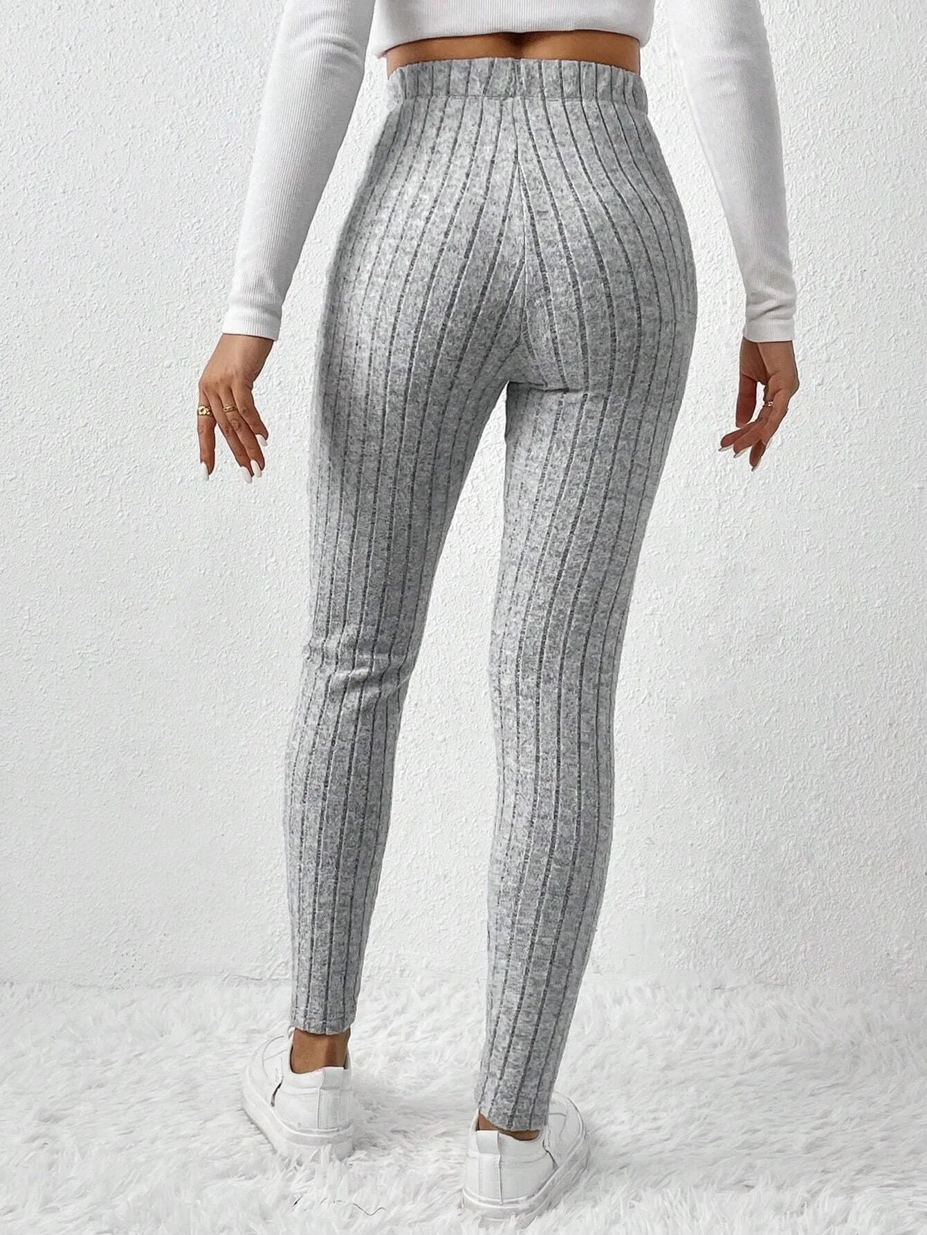 Leggings Côtelé Moulant Gris Taille Haute Femme | MDN Store