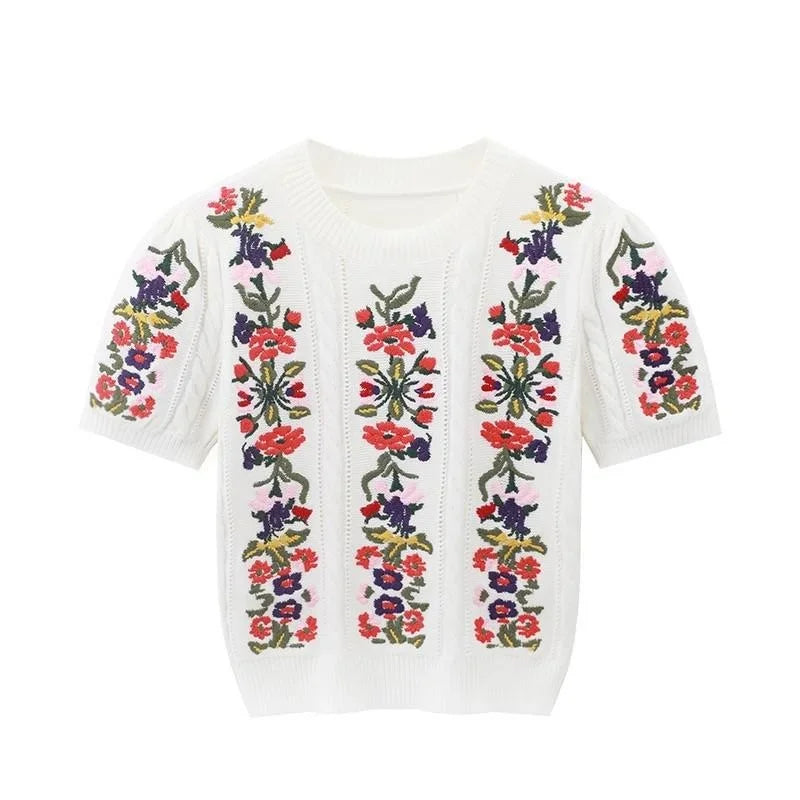 Pull Femme Brodé Vintage Manche Bouffante Col Rond Été - MDN