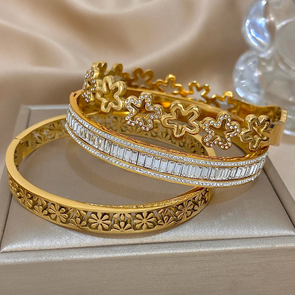 Bracelet Manchette Fleur Strass Acier Inoxydable Retro Femme | MDN Store