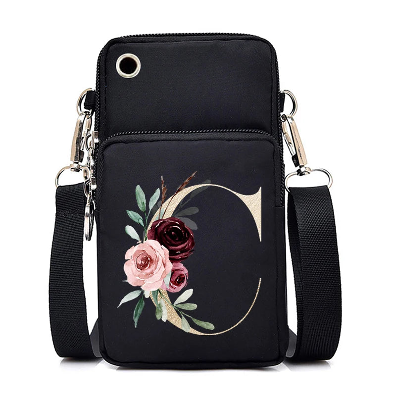 Sac à Main Bandoulière Lettre Initiale Fleurs Roses - Mini Sac Téléphone Femme | MDN