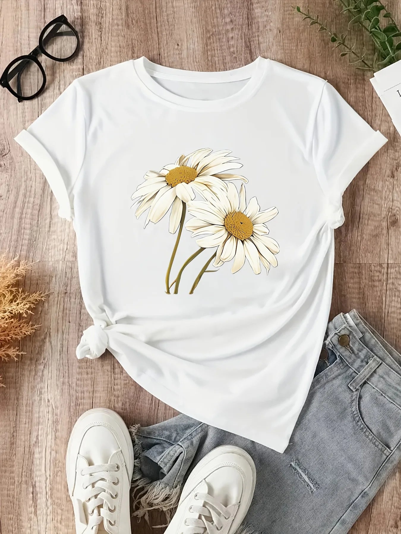 T-Shirt Floral Daisy Femme Style Bohème Décontracté | MDN Store 25