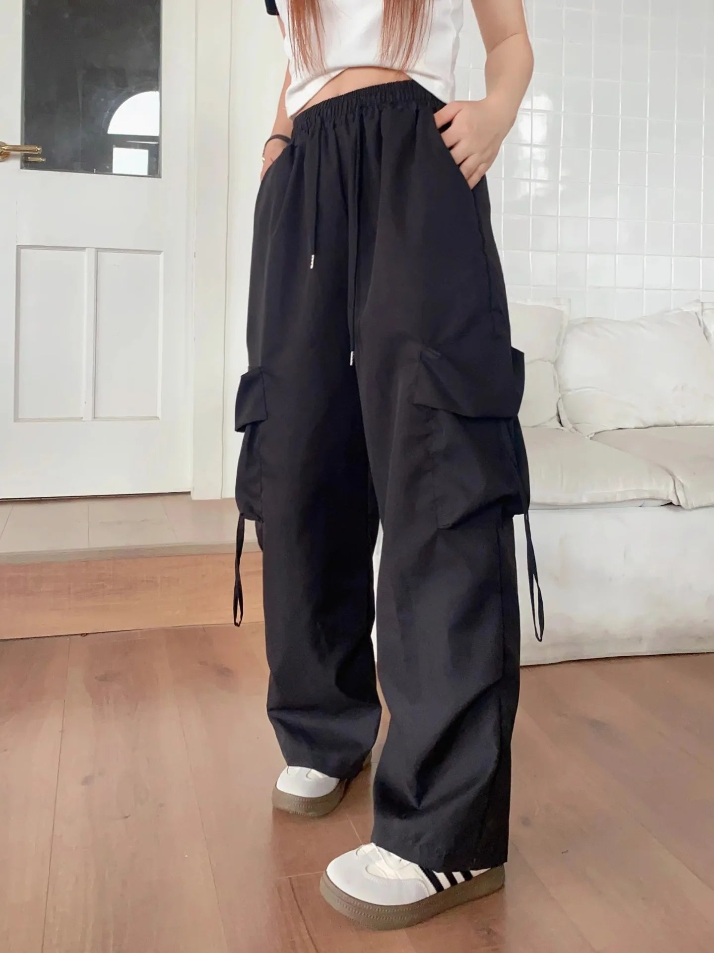 Oversized Pocket High Street Pant Black Vintage High Waist Femme's Pants... | MDN Store
