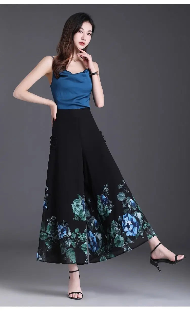 Pantalon Grande Femme Mousseline Floral Noir Jaune | MDN Store