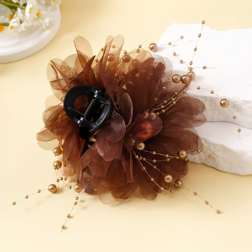 Pince Cheveux Fleur Maille Perle Pompon - Barrette Crabe Élégante | MDN Store