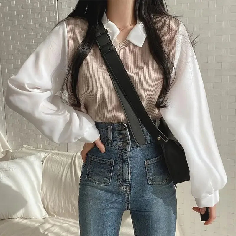 Été Blouse Femme Korean Style False Two-piece Polo Col Blouses Y2k... | MDN Store
