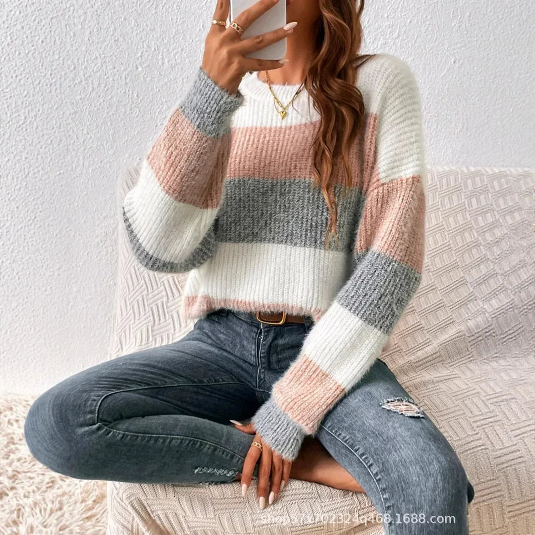 Pull Femme Raye Col Rond Ample Ajusté Tricot Epais Style Francais 2 | MDN Store