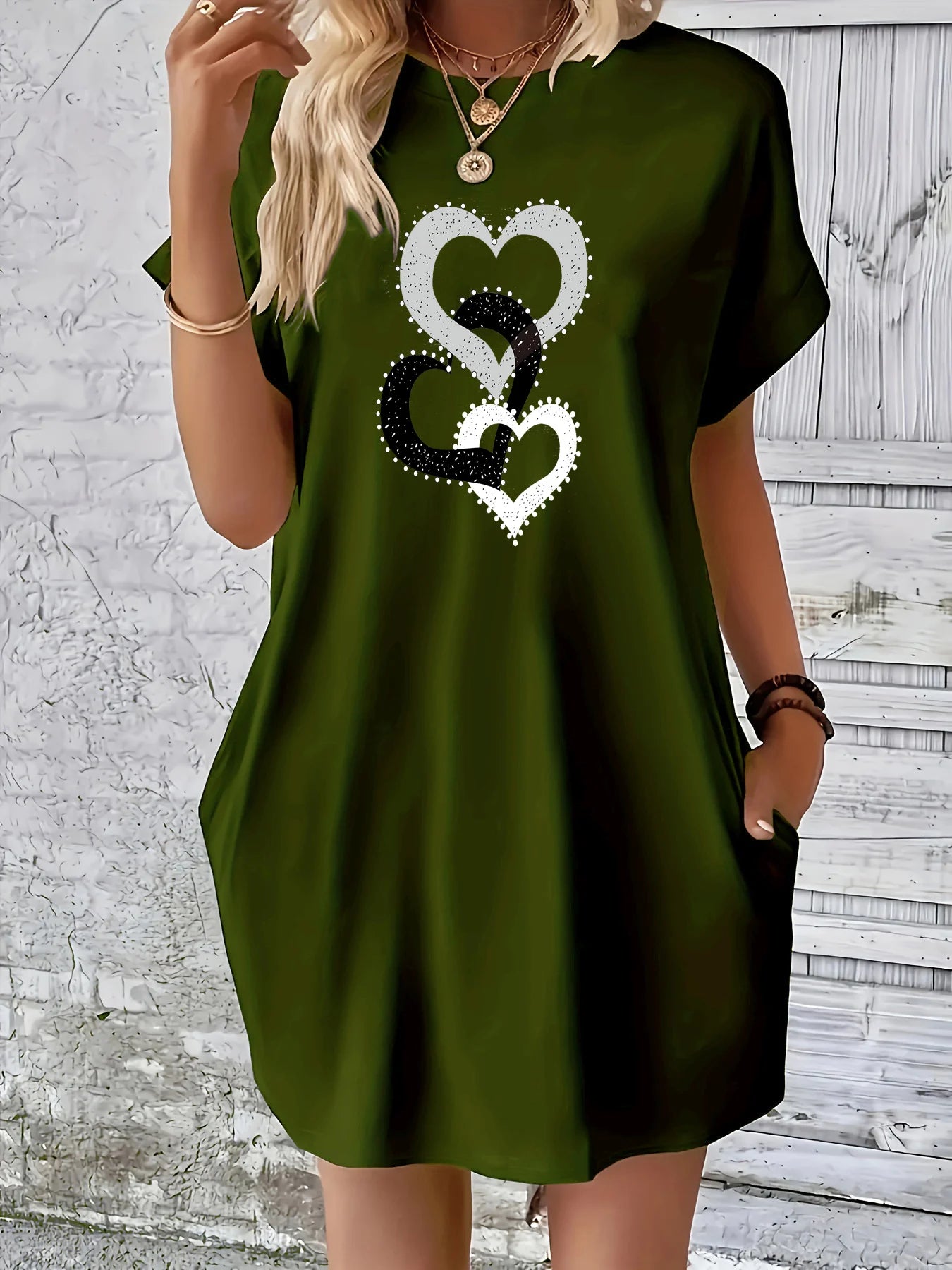 Robe T-Chemise Coeur Imprime Poches Grande Taille | MDN Store