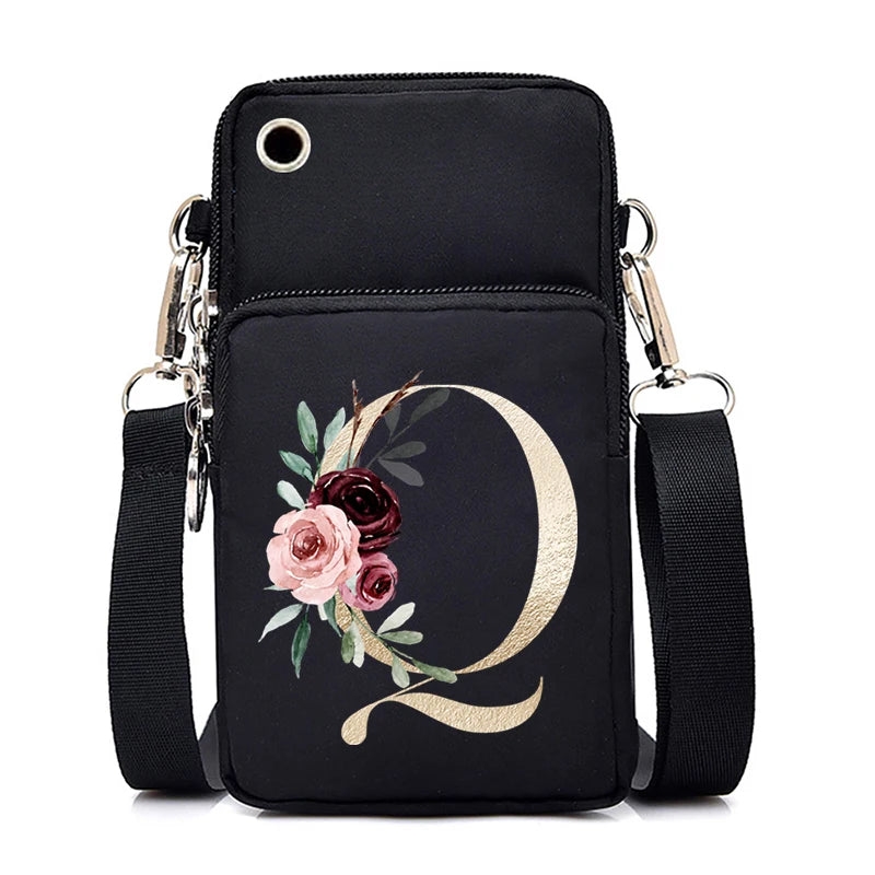Sac à Main Bandoulière Lettre Initiale Fleurs Roses - Mini Sac Téléphone Femme | MDN