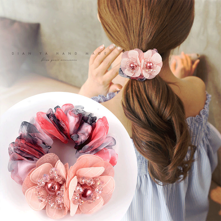 Chouchou Perle Brillante Fleur Organza Transparent - Élastique Cheveux Fille... | MDN Store