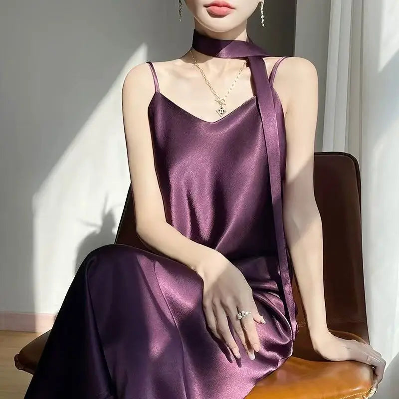 Robe Nuisette Satin Bretelles Ruban Midi 6 Coloris | MDN Store