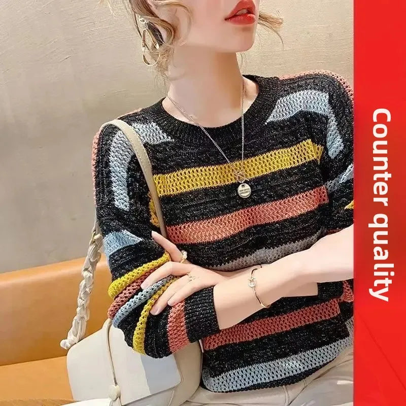 Pull Femme Raye Ajoure Court Ample Fit Manches Chauve-Souris 3 Coloris | MDN Store