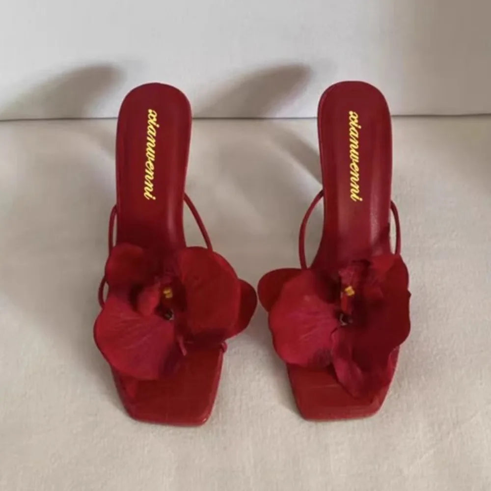 Mules Femme Bout Carré Fleur Talon Haut Décontracté | MDN Store 25