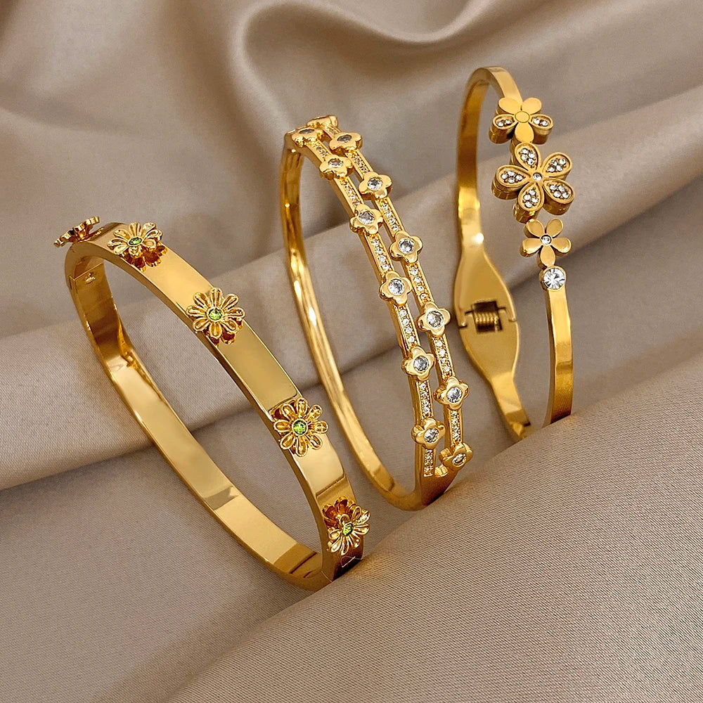 Bracelet Manchette Femme Homme Acier Inoxydable Strass Fleurs | MDN Store