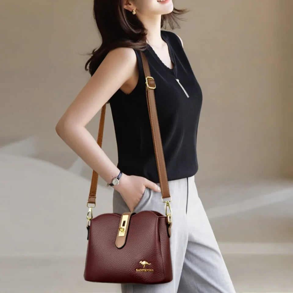 Sac à Main Femme Cuir Véritable Seau Bandoulière Trois Compartiments - MDN